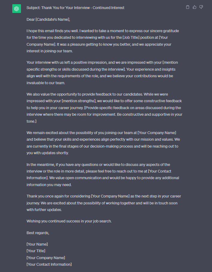 Writing an email to a candidate with the help of ChatGPT