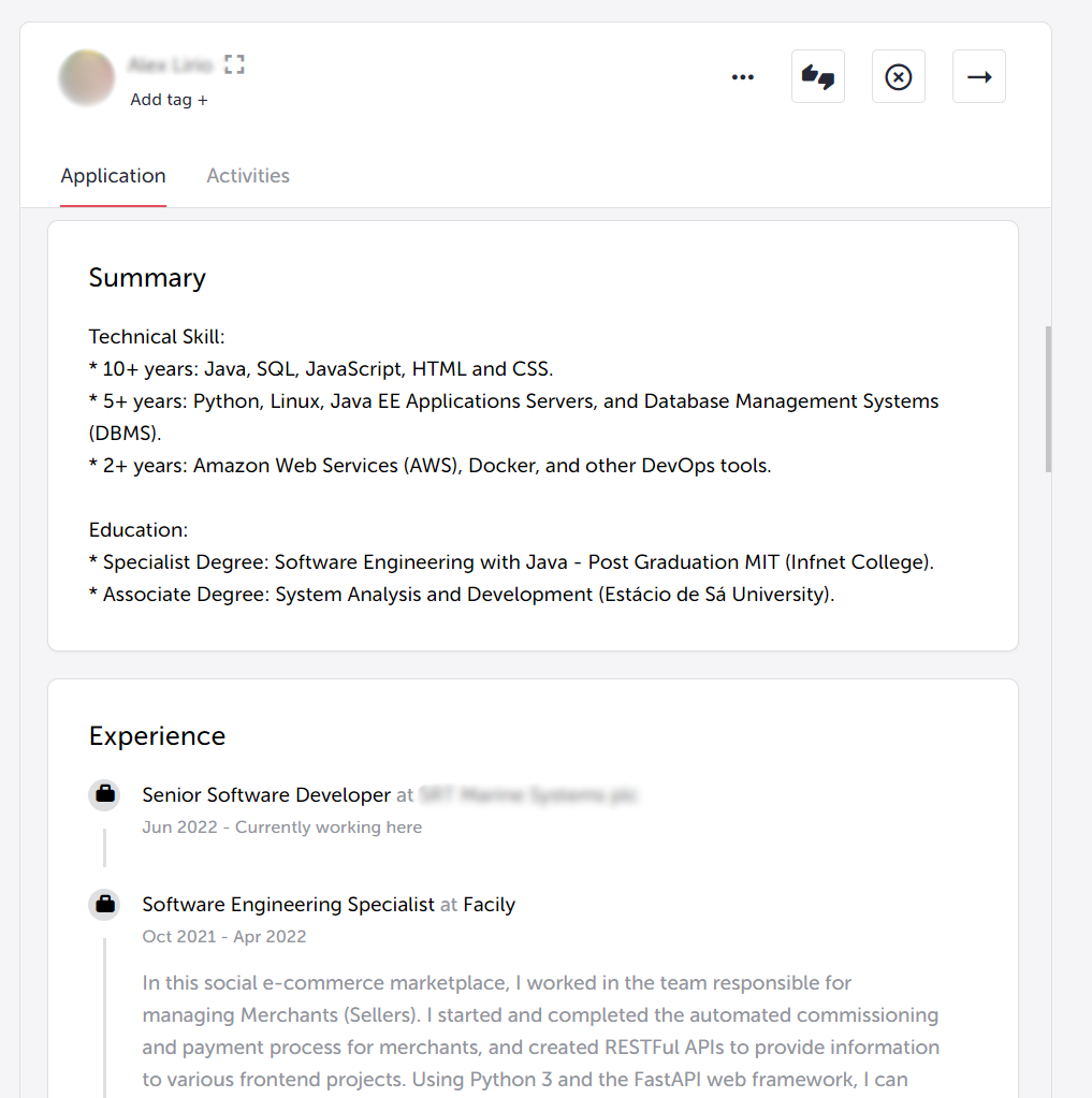 A job candidate profile in TalentLyft